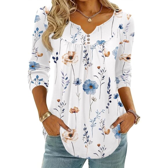 Tops - Women's Boho Long Sleeve Blouse Casual Fall Winter Shirt with Buttons